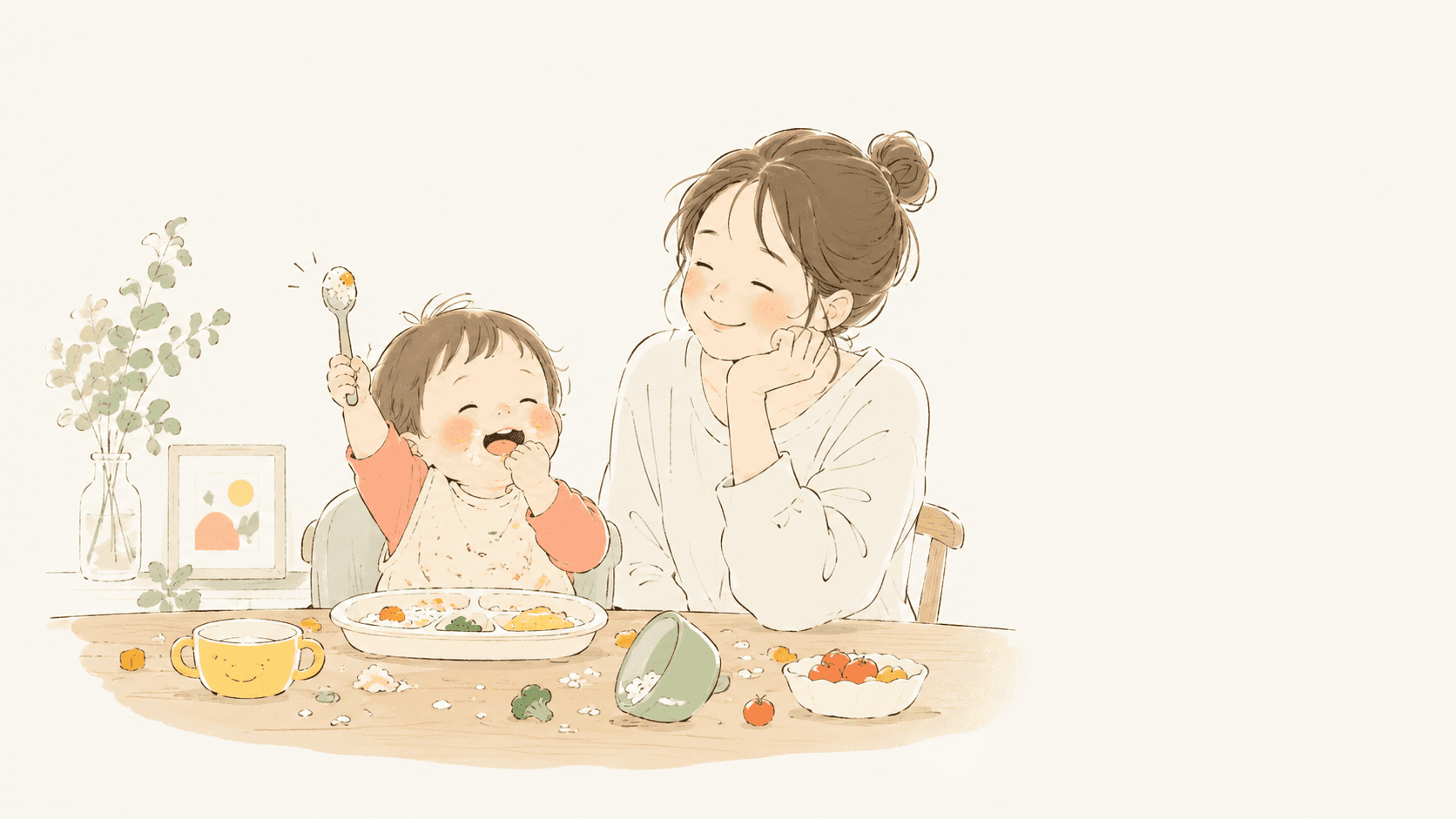 食卓で子どもとごはんを楽しむ親子のイラスト